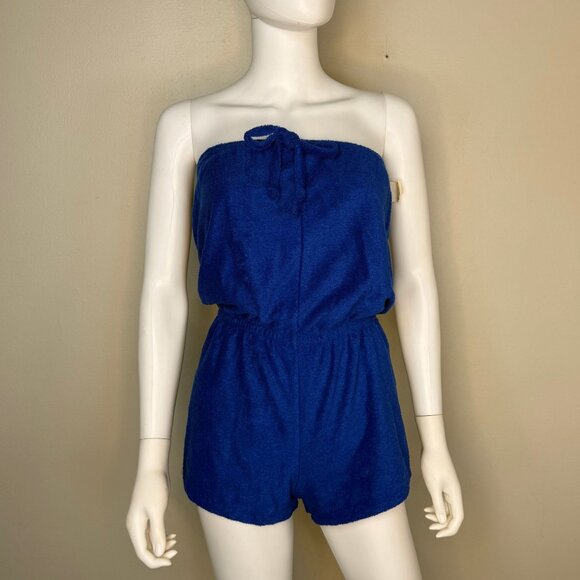 Vintage Pants - Vintage 1970s Blue Terrycloth Romper, Size X-Small, Deadstock New with Tag